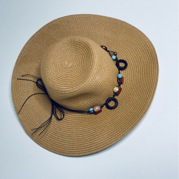 Royal Resortwear Accessories - Royal Resortwear woven beaded turquoise and wood leather lace Sun hat for Sumner
